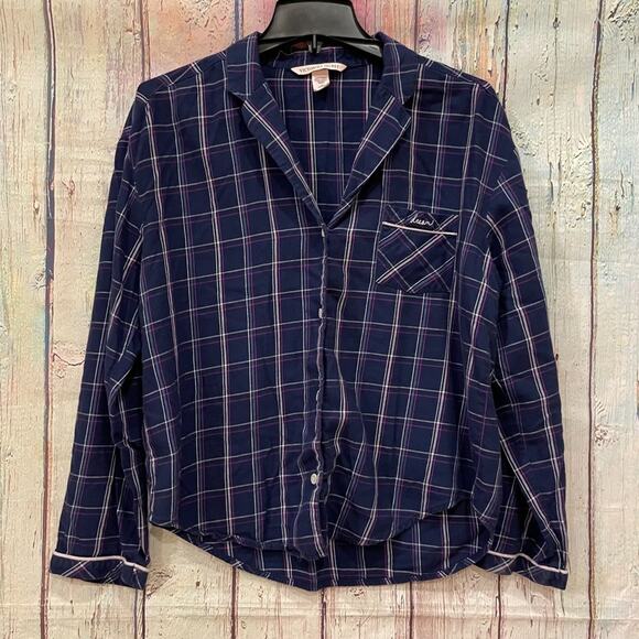 Victoria's Secret Sleepwear Womens Medium Blue Plaid PJ Top Check - Picture 1 of 4